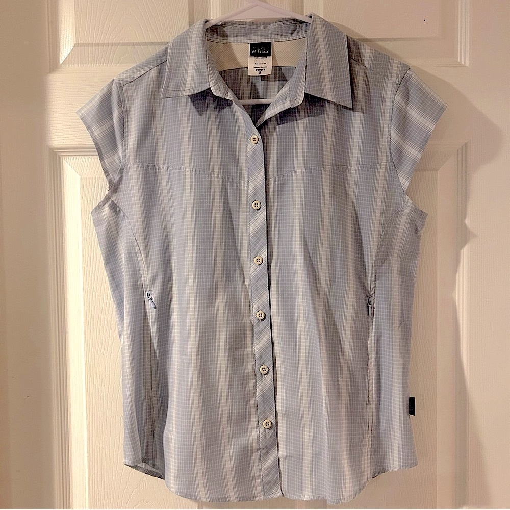 Patagonia Light Blue Check Cap-Sleeve Button-Down Shirt